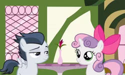 Size: 1154x692 | Tagged: safe, artist:jawsandgumballfan24, derpibooru import, rumble, sweetie belle, pegasus, pony, unicorn, bow, clothes, colt, cute, date, female, filly, hair bow, horn, looking at each other, male, rumbelle, shipping, smiling, smug, straight, wings