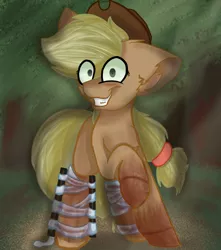 Size: 1024x1159 | Tagged: semi-grimdark, artist:speedycat1234, derpibooru import, applejack, earth pony, pony, fanfic:an apple sleep experiment, bandage, fanfic art, female, insanity, mare, snapplejack, solo, splint