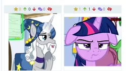 Size: 707x398 | Tagged: safe, derpibooru import, edit, edited screencap, screencap, star swirl the bearded, twilight sparkle, twilight sparkle (alicorn), alicorn, unicorn, derpibooru, friendship university, beard, facial hair, female, floppy ears, glowing horn, juxtaposition, male, meta, twilight is not amused, unamused