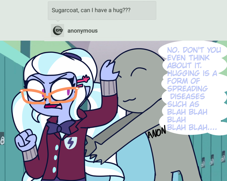 Size: 1378x1100 | Tagged: safe, artist:psychodiamondstar, derpibooru import, sugarcoat, oc, oc:anon, equestria girls, dialogue, hug, hug denied