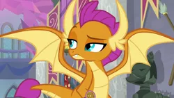 Size: 1280x720 | Tagged: a matter of principals, cyan eyes, derpibooru import, dragon, dragoness, dragon wings, fangs, female, horns, lidded eyes, looking around, raised eyebrow, safe, scavenger hunt, screencap, smolder, solo, spread wings, suspicious, teenaged dragon, teenager, wings