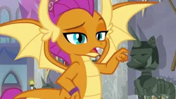 Size: 1280x720 | Tagged: a matter of principals, derpibooru import, dragon, dragoness, female, pointing, raised eyebrow, safe, screencap, smolder, solo, spread wings, wings