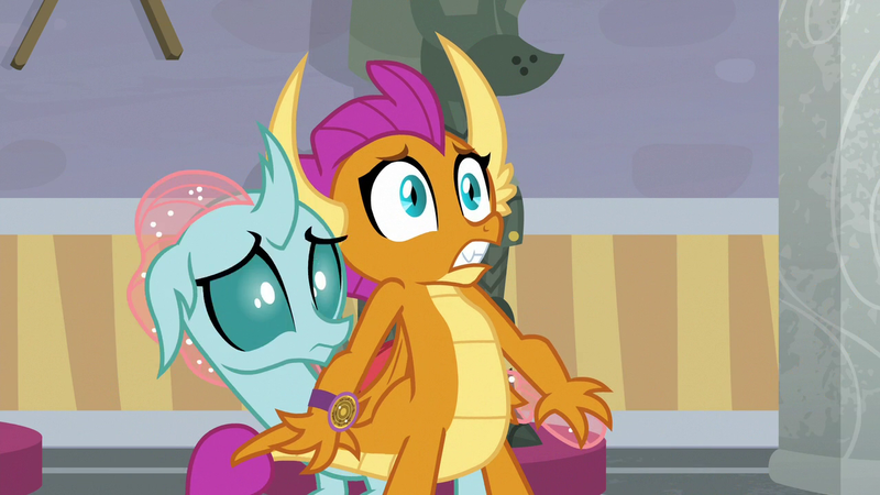 Size: 1280x720 | Tagged: a matter of principals, changedling, changeling, derpibooru import, dragon, ocellus, safe, screencap, smolder