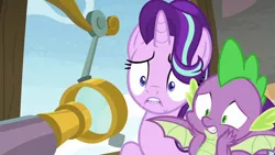 Size: 1280x720 | Tagged: a matter of principals, derpibooru import, dragon, lip bite, safe, screencap, spike, starlight glimmer, telescope, winged spike, worried