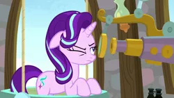 Size: 1280x720 | Tagged: safe, derpibooru import, screencap, starlight glimmer, pony, unicorn, a matter of principals, female, floppy ears, mare, one eye closed, solo, telescope