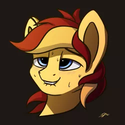 Size: 3000x3000 | Tagged: suggestive, artist:prontaxarts, derpibooru import, oc, oc:archi sketch, pegasus, pony, ahegao, blushing, brown background, bust, lip bite, open mouth, simple background, solo, sweat