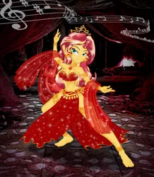 Size: 2551x2922 | Tagged: safe, artist:ponymaan, derpibooru import, sunset shimmer, equestria girls, anklet, arabian nights, armlet, armpits, barefoot, beautiful, bedroom eyes, belly button, belly dancer, belly dancer outfit, bracelet, cute, dancing, feet, female, gem, harem outfit, jewelry, leg bracelet, loincloth, midriff, music notes, shimmerbetes, siren gem, solo, stupid sexy sunset shimmer, tiara, toes
