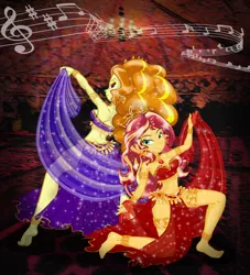 Size: 2551x2806 | Tagged: safe, artist:ponymaan, derpibooru import, adagio dazzle, sunset shimmer, equestria girls, anklet, arabian nights, armlet, armpits, barefoot, bedroom eyes, belly button, belly dancer, belly dancer outfit, bracelet, dancing, duo, duo female, ear piercing, earring, feet, female, gem, harem outfit, jewelry, leg bracelet, loincloth, midriff, music notes, piercing, siren gem, tiara