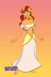 Size: 400x600 | Tagged: safe, artist:azaleasdolls, artist:tychotma-1, derpibooru import, sunset shimmer, equestria girls, aladdin, arabian nights, barefoot, belly button, belly dancer, breasts, cleavage, clothes, disney, dolldivine, dress, feet, female, flower, gradient background, jewelry, midriff, solo