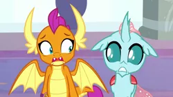 Size: 1280x720 | Tagged: a matter of principals, changedling, changeling, derpibooru import, dragon, dragoness, dragon wings, fangs, female, floppy ears, gritted teeth, horns, ocellus, open mouth, safe, scared, screencap, smolder, spread wings, wings