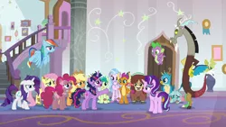 Size: 1280x720 | Tagged: safe, derpibooru import, screencap, applejack, discord, fluttershy, gallus, ocellus, pinkie pie, rainbow dash, rarity, sandbar, silverstream, smolder, spike, starlight glimmer, twilight sparkle, twilight sparkle (alicorn), yona, alicorn, changedling, changeling, classical hippogriff, draconequus, dragon, earth pony, gryphon, hippogriff, pegasus, pony, unicorn, yak, a matter of principals, bow, chest fluff, cloven hooves, cowboy hat, dirty, dragoness, female, hair bow, hat, jewelry, male, mane six, monkey swings, necklace, student six, teenager, wet mane