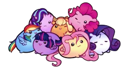 Size: 1221x678 | Tagged: safe, artist:askmlcblobs, artist:pekou, derpibooru import, applejack, fluttershy, pinkie pie, rainbow dash, rarity, starlight glimmer, twilight sparkle, twilight sparkle (alicorn), alicorn, earth pony, pegasus, pony, unicorn, :3, blob ponies, chubbie, cute, dashabetes, diapinkes, eyes closed, female, freckles, glimmerbetes, jackabetes, mane six, mare, one eye closed, open mouth, raribetes, shyabetes, simple background, transparent background, twiabetes, wink