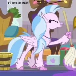 Size: 567x567 | Tagged: bucket, cropped, cute, derpibooru import, diastreamies, edit, edited screencap, hearth's warming lights, jewelry, mop, necklace, safe, school of friendship, screencap, silverstream, that hippogriff sure does love stairs, the hearth's warming club