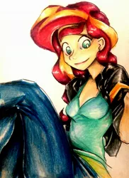 Size: 2120x2909 | Tagged: safe, artist:nolyanimeid, derpibooru import, sunset shimmer, equestria girls, clothes, crossed legs, female, jacket, leather jacket, pants, simple background, solo, traditional art, white background