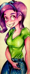 Size: 1329x3188 | Tagged: safe, artist:nolyanimeid, derpibooru import, starlight glimmer, equestria girls, clothes, cute, looking up, pants, simple background, smiling, solo, traditional art, white background