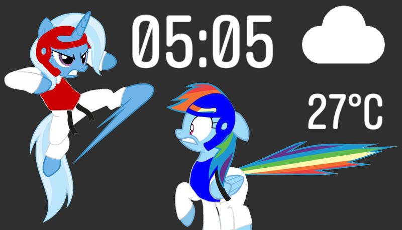 Size: 1748x1000 | Tagged: artist needed, safe, derpibooru import, rainbow dash, trixie, pegasus, pony, unicorn, black background, black belt, chest guard, clothes, get, gi, headgear, index get, kick, martial arts, robe, simple background, taekwondo, tail, tailboner, this will end in pain, this will end in tears, trousers, x00000 milestone