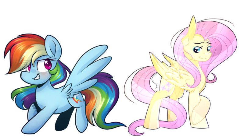 Size: 1024x576 | Tagged: safe, artist:ak4neh, artist:lynchristina, derpibooru import, fluttershy, rainbow dash, pegasus, pony, collaboration, digital art, duo, female, looking at each other, looking back, mare, simple background, transparent background