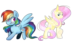 Size: 1024x576 | Tagged: safe, artist:ak4neh, artist:lynchristina, derpibooru import, fluttershy, rainbow dash, pegasus, pony, collaboration, digital art, duo, female, looking at each other, looking back, mare, simple background, transparent background