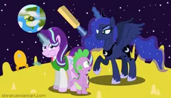 Size: 1672x964 | Tagged: safe, artist:kinrah, derpibooru import, princess luna, spike, starlight glimmer, alicorn, dragon, unicorn, atg 2018, cheese, cricket bat, female, food, magic, male, mare, moon, newbie artist training grounds, rocket, space, sweater vest, this already ended in a trip to the moon, this will end in pain, unamused, wallace and gromit