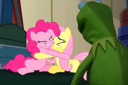 Size: 1150x768 | Tagged: buckball season, crossover, derpibooru import, edit, edited screencap, fluttershy, kermit the frog, pinkie pie, safe, scared, screencap