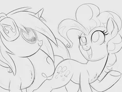 Size: 1500x1128 | Tagged: safe, artist:ncmares, derpibooru import, pinkie pie, vinyl scratch, earth pony, pony, unicorn, female, mare, monochrome, newbie artist training grounds, raised hoof, sketch, talking