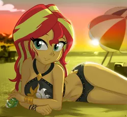 Size: 980x900 | Tagged: safe, artist:ta-na, derpibooru import, sunset shimmer, equestria girls, forgotten friendship, adorasexy, alcohol, backlighting, beach, beach babe, beach umbrella, beautiful, beautisexy, beer, belly button, bikini, bikini babe, bikini bottom, bikini top, black swimsuit, blurred background, bracelet, clothes, cloud, cute, cutie mark on clothes, eyelashes, female, jewelry, lens flare, looking at you, midriff, ocean, outdoors, pun, sand, sexy, shimmerbetes, side, sky, smiling, solo, stupid sexy sunset shimmer, summer sunset, sun, sunset, swimsuit, tan, visual pun