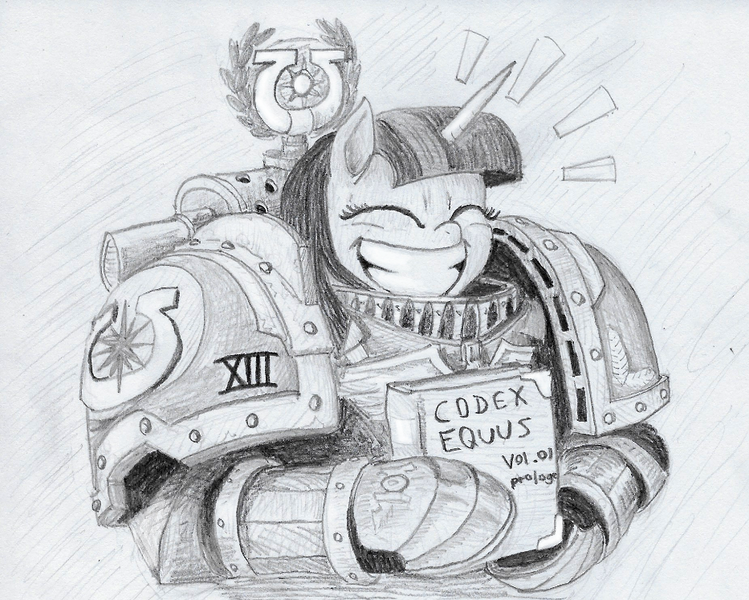 Size: 933x747 | Tagged: alicorn, armor, artist:t72b, book, bust, codex astartes, derpibooru import, eyes closed, grin, happy, monochrome, newbie artist training grounds, parody, portrait, power armor, primarch, roboute guilliman, safe, smiling, solo, that pony sure does love books, traditional art, twilight sparkle, twilight sparkle (alicorn), ultramarine, warhammer 30k, warhammer 40k, warhammer (game)