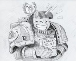 Size: 933x747 | Tagged: alicorn, armor, artist:t72b, book, bust, codex astartes, derpibooru import, eyes closed, grin, happy, monochrome, newbie artist training grounds, parody, portrait, power armor, primarch, roboute guilliman, safe, smiling, solo, that pony sure does love books, traditional art, twilight sparkle, twilight sparkle (alicorn), ultramarine, warhammer 30k, warhammer 40k, warhammer (game)