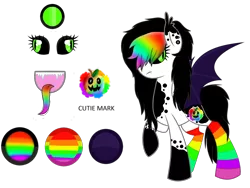 Size: 3408x2560 | Tagged: safe, artist:space--paws0w0, derpibooru import, oc, oc:hallows eve, unofficial characters only, bat pony, pony, vampire, bat pony oc, clothes, colored sclera, colored tongue, ear piercing, earring, fangs, female, jewelry, mare, piercing, rainbow socks, rainbow tongue, reference sheet, simple background, socks, solo, striped socks, transparent background