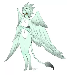 Size: 3040x3388 | Tagged: safe, artist:tawni-tailwind, derpibooru import, oc, oc:styx, unofficial characters only, anthro, digitigrade anthro, gryphon, barbie doll anatomy, breasts, crossed arms, featureless breasts, featureless crotch, female, floofy feathers, griffon oc, large wings, pale belly, reference sheet, simple background, solo, white background, wings