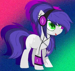 Size: 435x414 | Tagged: safe, artist:space--paws0w0, derpibooru import, oc, oc:roadwork track, unofficial characters only, earth pony, pony, armband, coat marking, ear piercing, earring, female, gradient background, headphones, ipod, jewelry, mare, necklace, piercing, socks (coat marking), solo, tongue out