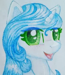 Size: 1428x1631 | Tagged: safe, artist:gleamydreams, derpibooru import, oc, oc:gleamy, unicorn, blue hair, blushing, cute, freckles, green eyes, looking at you, smiling, solo, traditional art