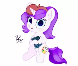 Size: 2000x1700 | Tagged: safe, artist:rivin177, derpibooru import, oc, unicorn, beret, big eyes, blue eyes, brush, chibi, cute, digital art, female, hat, horn, mare, pencil, pencil drawing, purple mane, sitting, small mare, small pony, solo, tablet, traditional art