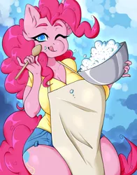 Size: 3850x4900 | Tagged: safe, artist:neekophobia, derpibooru import, pinkie pie, anthro, absurd resolution, apron, breasts, busty pinkie pie, clothes, colored pupils, cute, cutie mark, diapinkes, female, food, licking, licking lips, looking at you, messy eating, one eye closed, shirt, shorts, solo, tongue out, wide hips, wink