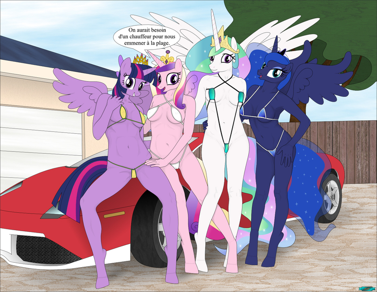 Size: 1400x1086 | Tagged: absolute cleavage, alicorn, alicorn tetrarchy, anthro, armpits, artist:fab3716, belly button, bikini, breasts, car, cleavage, clothes, derpibooru import, female, females only, french, hypercar, lamborghini, lamborghini gallardo, looking at you, micro bikini, princess cadance, princess celestia, princess luna, questionable, supercar, swimsuit, translated in the description, twilight sparkle, twilight sparkle (alicorn), unguligrade anthro