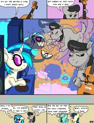 Size: 1000x1300 | Tagged: safe, artist:bjdazzle, derpibooru import, bon bon, lyra heartstrings, octavia melody, sweetie drops, vinyl scratch, earth pony, pony, shark, unicorn, wolf, comic:accidental transit guardians, atg 2018, battle of the bands, bow (instrument), bowtie, cello, cello bow, chibi, comic, concert, duel, female, mare, music, music notes, musical instrument, newbie artist training grounds, paint splatter, speakers, technocello, turntable, warioware, warioware gold