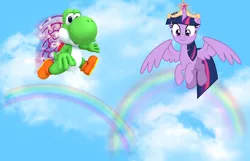 Size: 2312x1492 | Tagged: alicorn, artist:decprincess, artist:mlp-scribbles, artist:user15432, big crown thingy, blue sky, cloud, crossover, crown, derpibooru import, dinosaur, element of magic, fairy wings, flying, hasbro, hasbro studios, jewelry, nintendo, rainbow, rainbows, regalia, safe, sky, super mario bros., super smash bros., twilight sparkle, twilight sparkle (alicorn), wings, yoshi, yoshilight