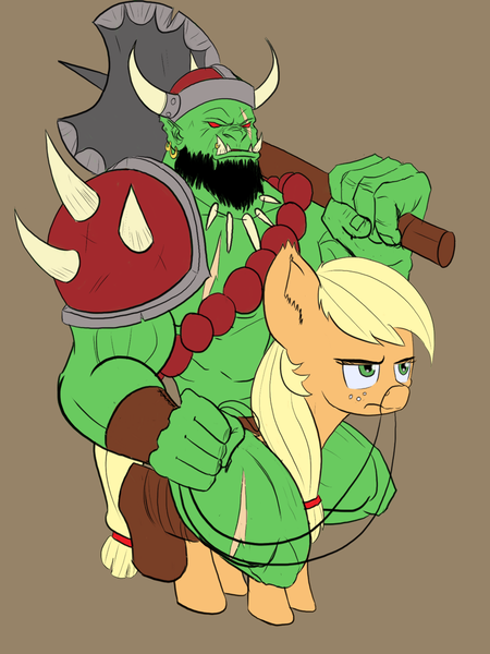 Size: 900x1200 | Tagged: dead source, safe, artist:alloco, derpibooru import, applejack, earth pony, orc, pony, atg 2018, axe, female, mare, newbie artist training grounds, riding, simple background, unamused, weapon