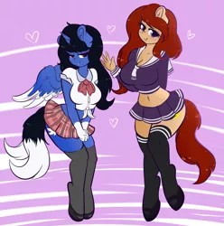 Size: 4534x4575 | Tagged: suggestive, artist:wickedsilly, derpibooru import, oc, oc:sonic boom, unofficial characters only, alicorn, anthro, earth pony, unguligrade anthro, absurd resolution, alicorn oc, anthro oc, breasts, clothes, commission, female, mare, school uniform, smiling, stockings, thigh highs