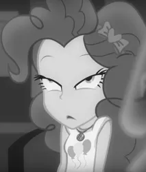 Size: 538x632 | Tagged: safe, derpibooru import, screencap, pinkie pie, equestria girls, equestria girls series, rarity investigates: the case of the bedazzled boot, cropped, faic, geode of sugar bombs, grayscale, monochrome, noir, offscreen character, rarity investigates (eqg): pinkie pie, solo