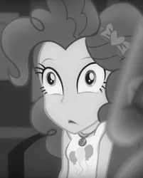 Size: 513x637 | Tagged: safe, derpibooru import, screencap, pinkie pie, equestria girls, equestria girls series, rarity investigates: the case of the bedazzled boot, cropped, faic, geode of sugar bombs, grayscale, monochrome, noir, offscreen character, rarity investigates (eqg): pinkie pie, solo