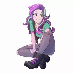 Size: 2550x2550 | Tagged: safe, artist:rustyartist, derpibooru import, starlight glimmer, equestria girls, mirror magic, spoiler:eqg specials, beanie, clothes, female, hat, jeans, pants, ripped pants, simple background, sitting, smiling, solo, white background