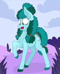Size: 3384x4171 | Tagged: safe, artist:paskanaakka, derpibooru import, oc, oc:gleamblossom, unofficial characters only, earth pony, pony, butt freckles, colored hooves, ear fluff, female, freckles, mare, open mouth, raised hoof, shocked, shoulder freckles, solo, tail wrap, unshorn fetlocks