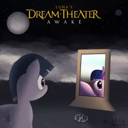 Size: 1994x1994 | Tagged: safe, artist:thedarksatanicorn, derpibooru import, twilight sparkle, twilight sparkle (alicorn), ponified, alicorn, pony, unicorn, season 3, atg 2018, crossover, dream theater, majesty logo, mirror, moon, newbie artist training grounds, ponified album cover, progressive metal, reflection, unicorn twilight