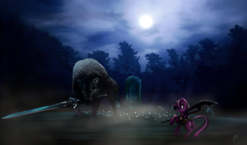 Size: 1700x1000 | Tagged: safe, artist:zetamad, derpibooru import, twilight sparkle, pony, wolf, armor, crossover, dark souls, female, full moon, mare, moon, mouth hold, night, scythe, sif, sword, weapon