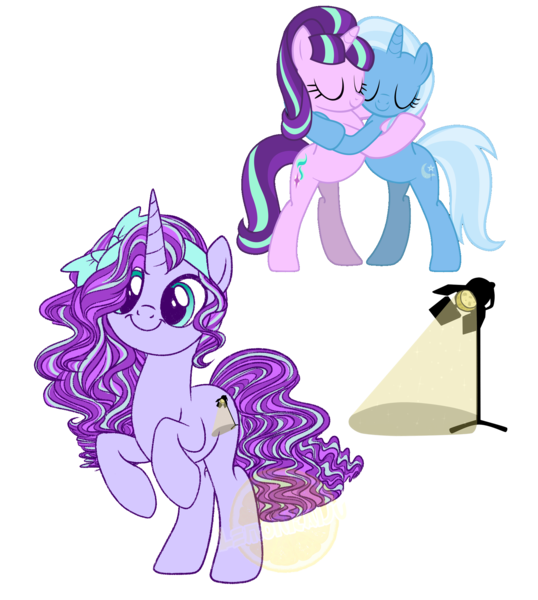 Size: 1759x1963 | Tagged: safe, artist:lemonkaiju, derpibooru import, starlight glimmer, trixie, oc, oc:pixie shine, pony, unicorn, female, hug, lesbian, magical lesbian spawn, mare, offspring, parent:starlight glimmer, parent:trixie, parents:startrix, shipping, simple background, startrix, transparent background