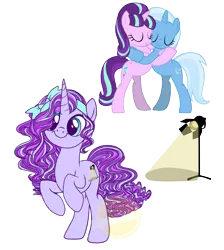 Size: 1759x1963 | Tagged: safe, artist:lemonkaiju, derpibooru import, starlight glimmer, trixie, oc, oc:pixie shine, pony, unicorn, female, hug, lesbian, magical lesbian spawn, mare, offspring, parent:starlight glimmer, parent:trixie, parents:startrix, shipping, simple background, startrix, transparent background