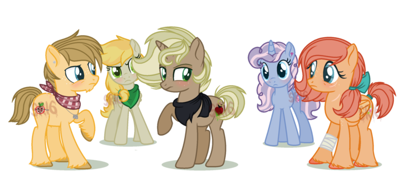 Size: 1024x451 | Tagged: safe, artist:superrosey16, derpibooru import, oc, oc:apple muffin, oc:candy apple, oc:johnny appleseed, oc:party popper, oc:sweet apple, unofficial characters only, earth pony, pony, unicorn, base used, disguise, disguised changeling, female, male, mare, offspring, parent:applejack, parent:big macintosh, parent:braeburn, parent:caramel, parent:derpy hooves, parent:fluttershy, parent:mean applejack, parent:pinkie pie, parent:pokey pierce, parent:queen chrysalis, parents:carajack, parents:chrysajack, parents:derpyburn, parents:fluttermac, parents:pokeypie, simple background, stallion, transparent background