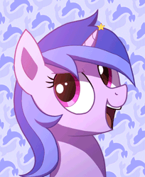 Size: 500x614 | Tagged: safe, artist:wingedwolf94, deleted from derpibooru, derpibooru import, sea swirl, seafoam, pony, unicorn, animated, background pony, bust, cute, female, frame by frame, gif, mare, one eye closed, portrait, seadorable, smiling, solo, wink, ych result