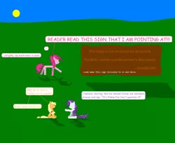 Size: 917x748 | Tagged: applejack, artist:dziadek1990, comic, computer, conversation, derpibooru import, description is relevant, dialogue, fourth wall, invisible, linux, meadow, minimalist, ms paint, pinkie being pinkie, pinkie pie, programming, rarity, safe, shadow, sky, sun, talking to viewer, text